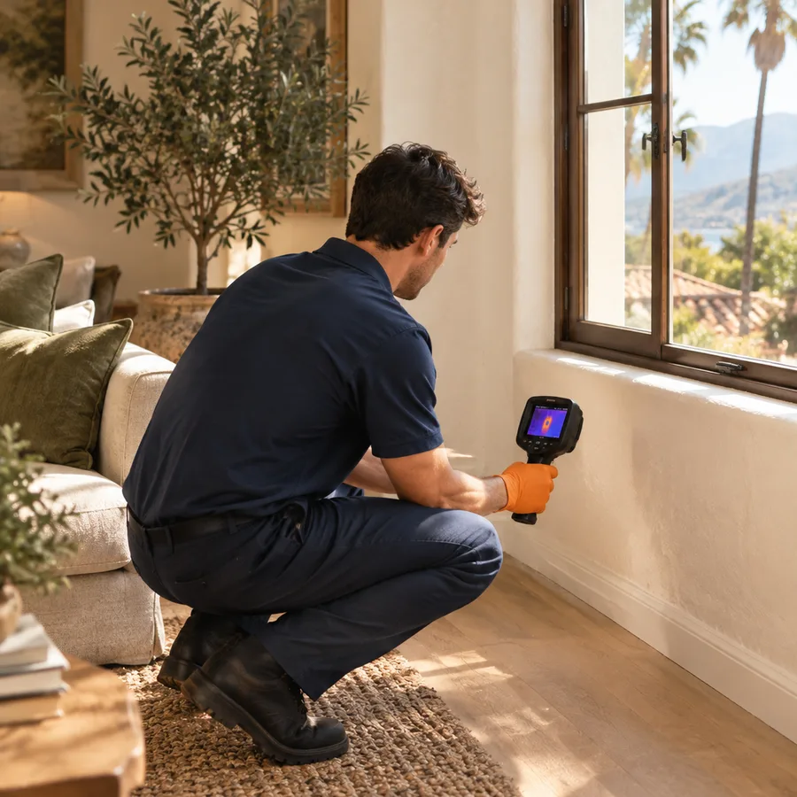 Home inspector using a thermal imaging camera to check for moisture near a window