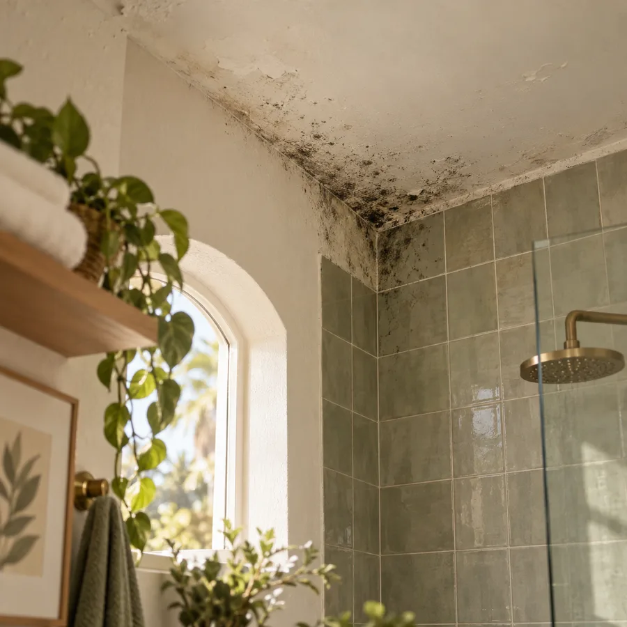 Mold growth in the corner of a bathroom ceiling above a shower