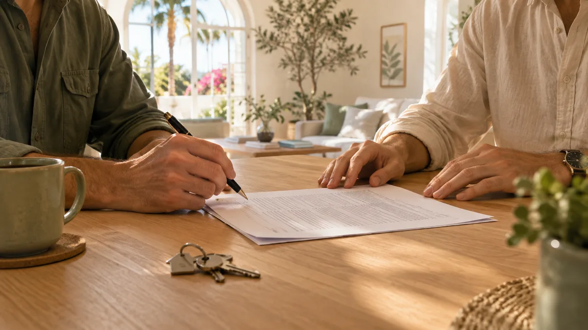 Two people reviewing and signing a lease agreement at a kitchen table