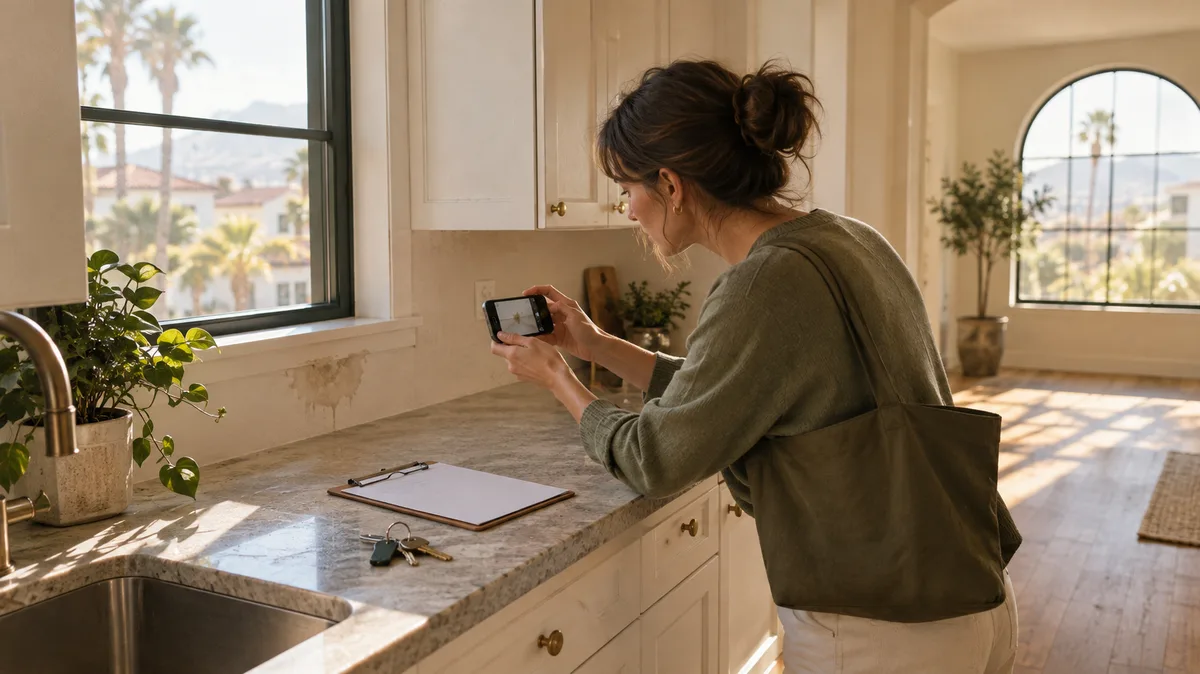Tenant photographing a water stain on a kitchen wall during a move-in inspection