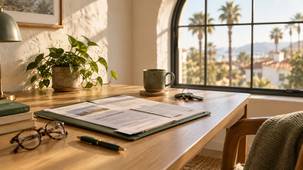 Lease paperwork, keys, and reading glasses on a home office desk