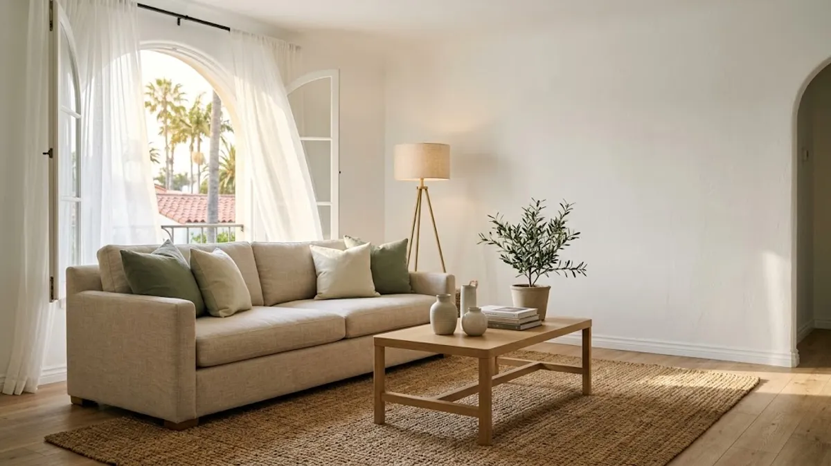 Well-ventilated living room with fresh air and low-VOC furnishings