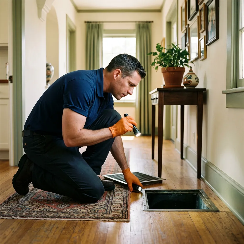 A certified inspector examining a duct register for signs of moisture