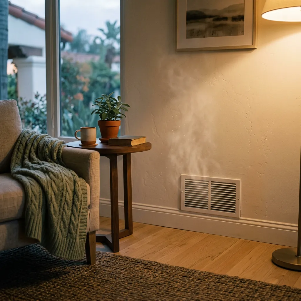 A furnace vent in a Santa Barbara home, cool air still off before the first heat of the season