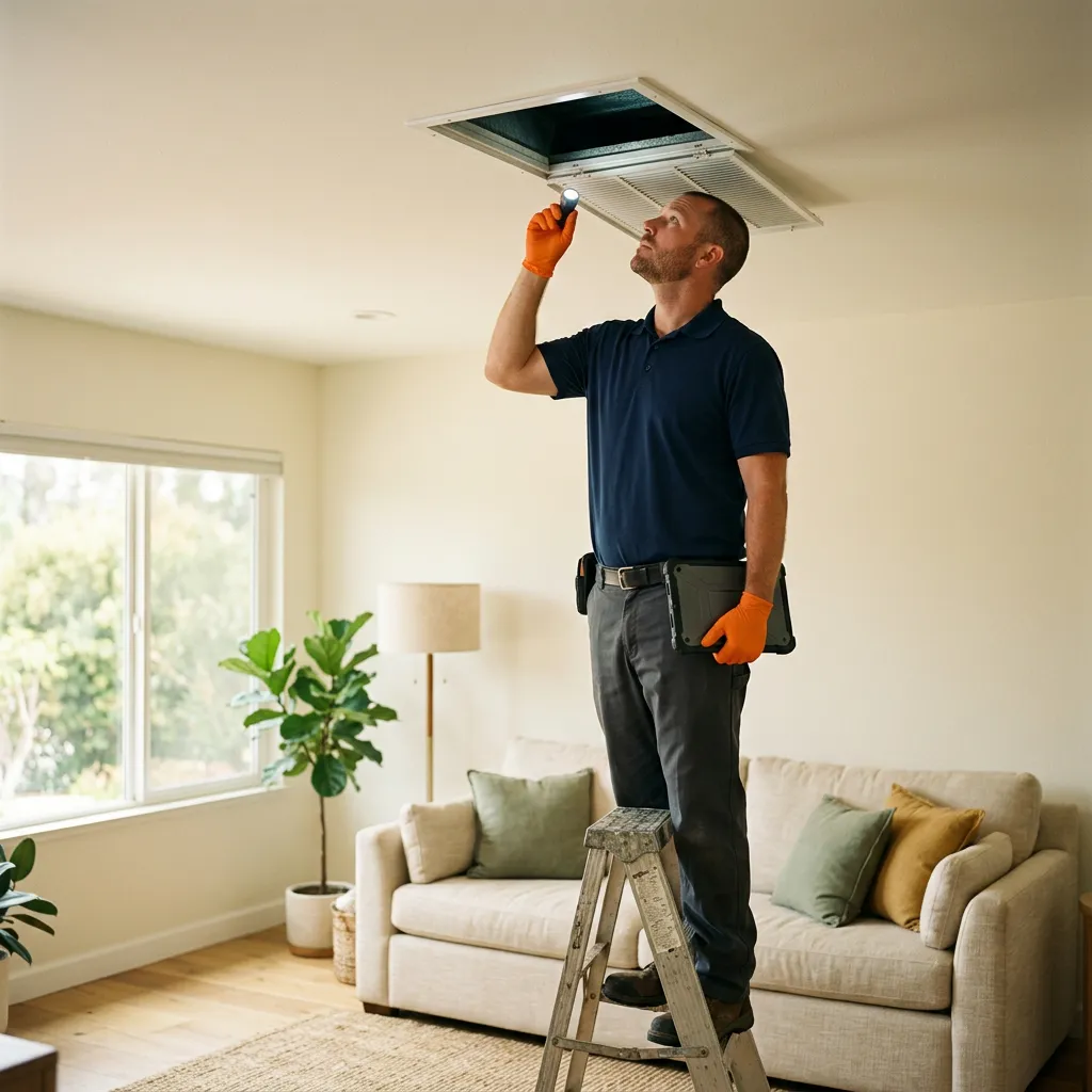 A certified mold inspector examining ductwork behind a register
