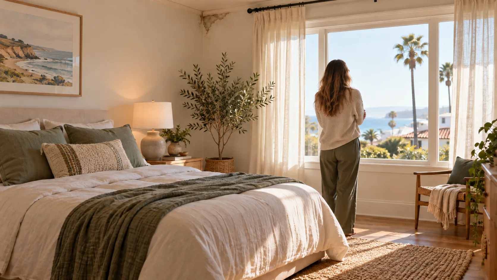 Homeowner in a Goleta bedroom with a subtle water stain on the ceiling
