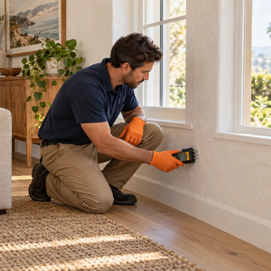 Inspector checking moisture levels on a wall in a coastal Goleta home