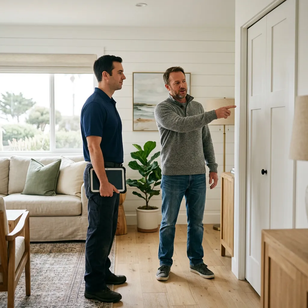 A certified inspector walking through a Carpinteria home with the homeowner