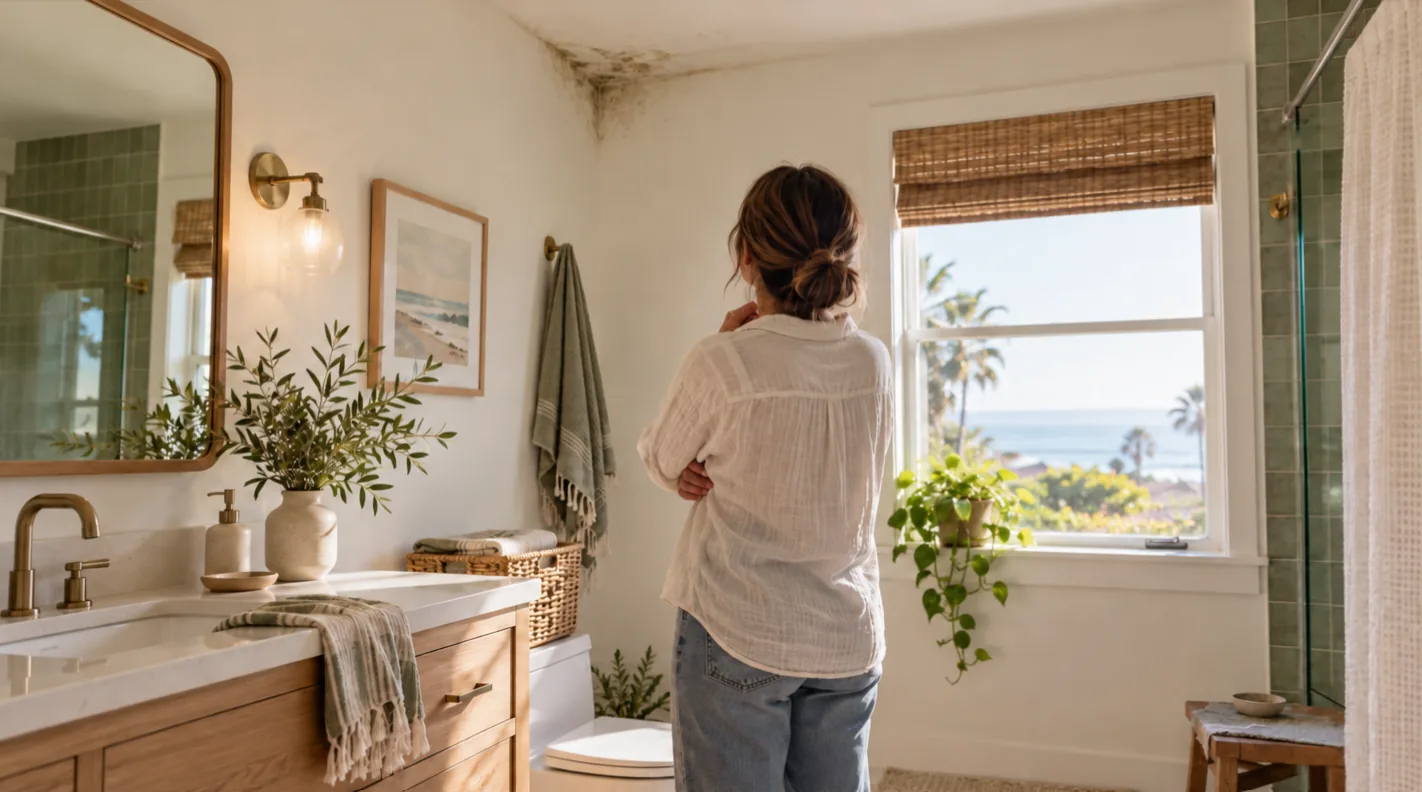 Homeowner looking at a mold spot on a bathroom ceiling in a Carpinteria home