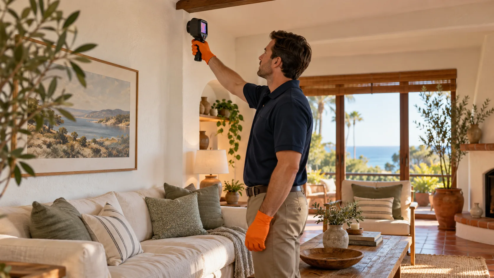 Inspector using a thermal imaging camera on a living room ceiling during a mold inspection