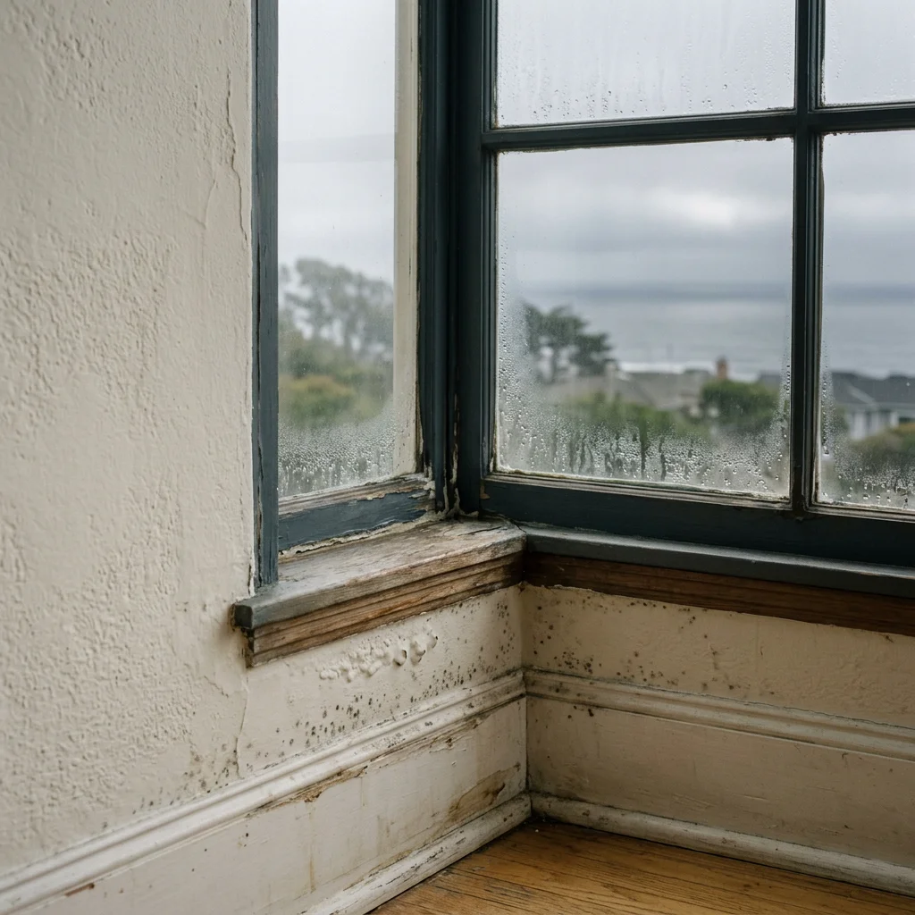 Condensation and mold near a coastal window sill