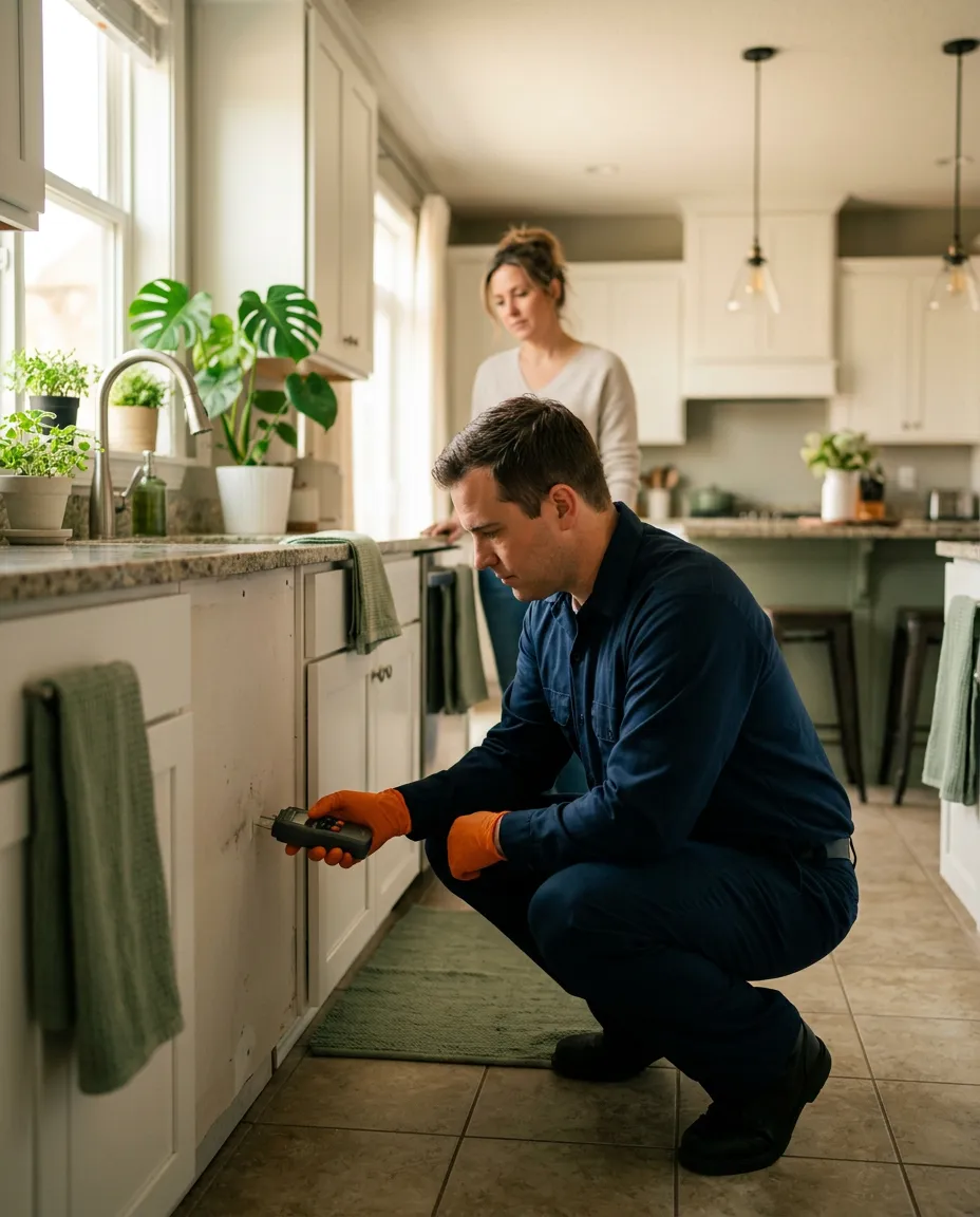 An inspector taking a moisture reading beneath a kitchen sink while the homeowner looks on