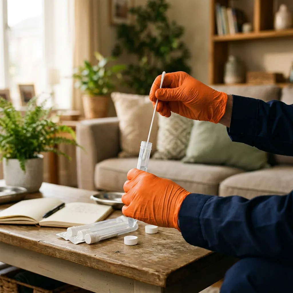 A gloved technician handling a mold sample collected during a Westlake Village inspection