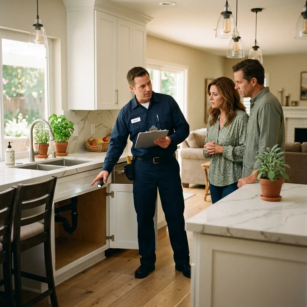 A certified inspector walking a Westlake Village kitchen with homeowners during a mold testing visit